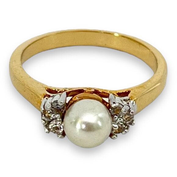 Vintage Ring Size 8 Simulated Pearl CZ Accent 14K Gold Plate Mid-Century MCM 3D - Picture 8 of 16